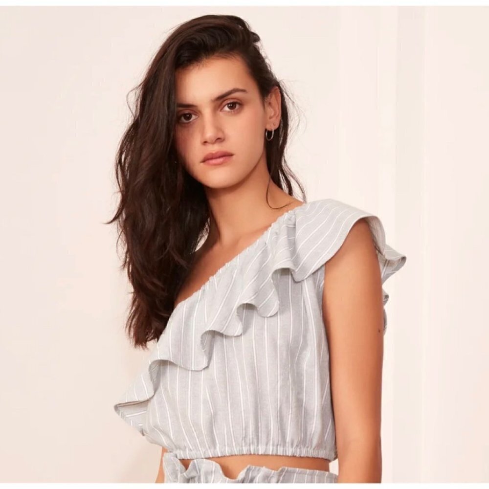 The Fifth Label Pixel One Shoulder Striped Ruffle Cropped Top Revolve Size Small